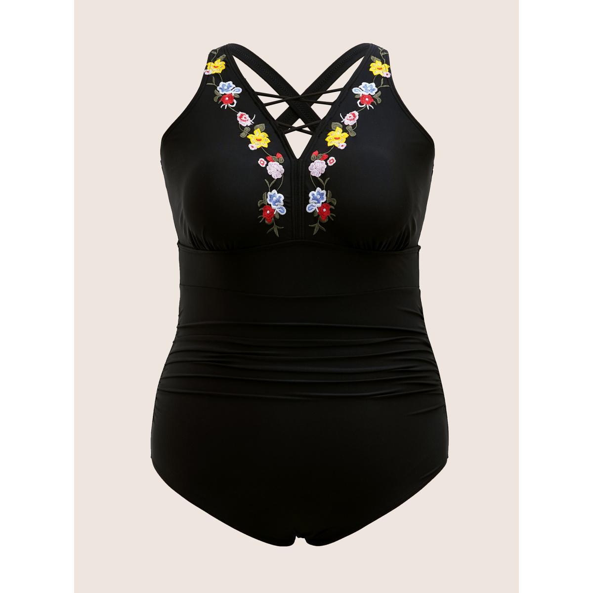 Plus Size Floral Embroidered Ruched Crisscross One Piece Swimsuit Women's Swimwear Black Beach Gathered Curve Bathing Suits High stretch One Pieces BloomChic 14-16/1X Product Image