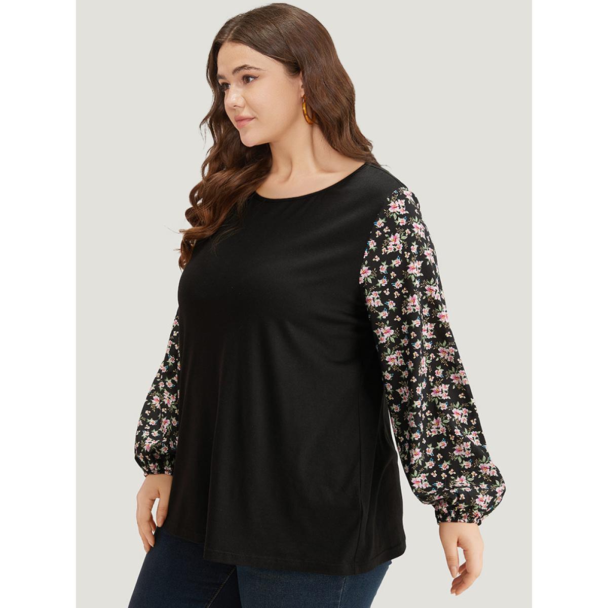Plus Size Crew Neck Patchwork Ditsy Floral T-shirt Black Women Elegant Elastic cuffs Ditsy Floral Round Neck Dailywear T-shirts BloomChic 22-24/3X Product Image