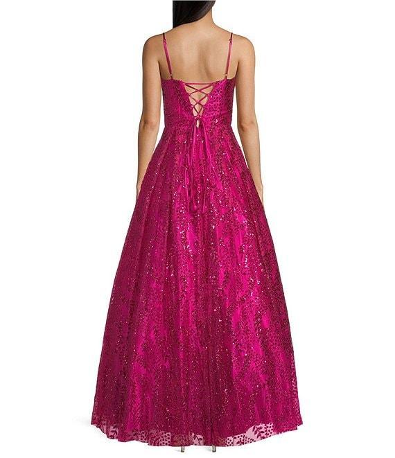 Blondie Nites Glitter Mesh Twist Front Cut Out Spaghetti Strap Tie Back Gown Product Image