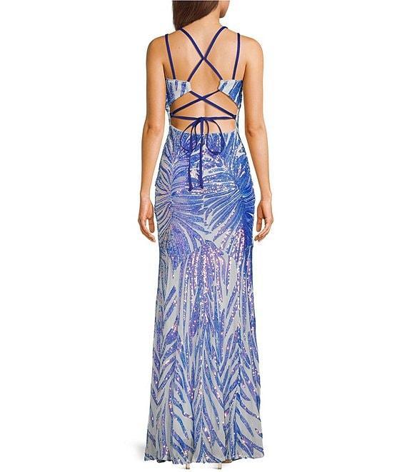 Morgan & Co. Pattern Sequin Cage Back Long Dress Product Image