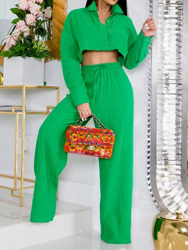 Solid Color Long Sleeves Blouse + Drawstring Elasticity High-Waisted Wide-Leg Pants Trousers Two Pieces Set Product Image