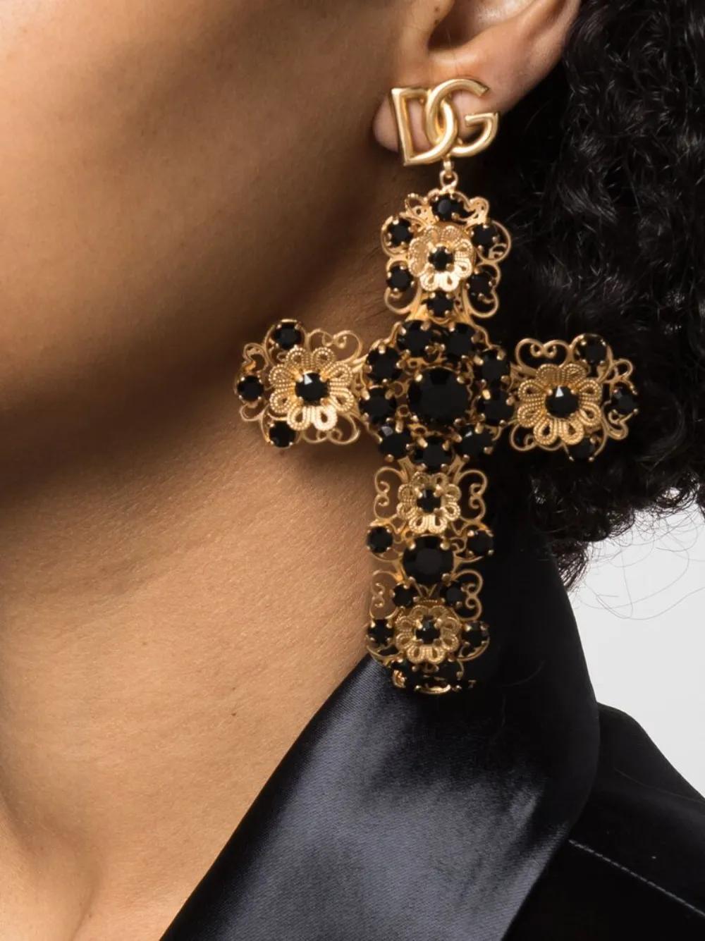 DOLCE & GABBANA Rhinestone-embellished Cross Pendant Earrings In Gold Product Image