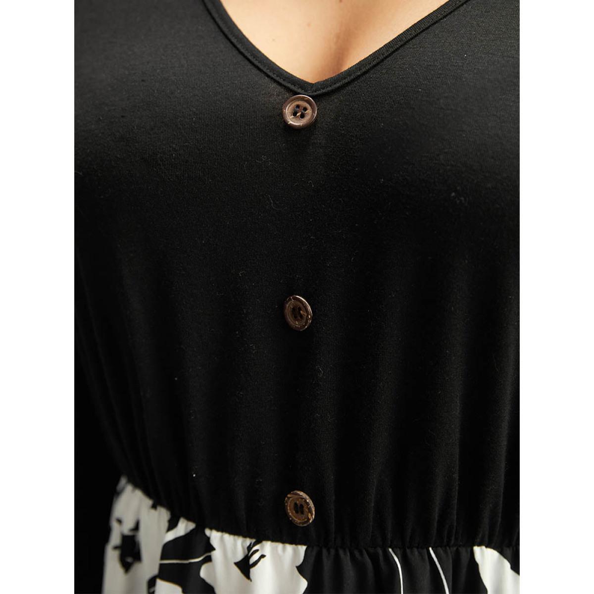 Plus Size Silhouette Floral Print Patchwork Button Detail Dress Black Women Elegant Printed V-neck Long Sleeve Curvy Midi Dress BloomChic 18-20/2X Product Image