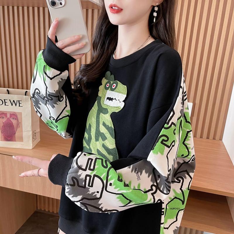 Crew Neck Dinosaur Print Oversized Pullover Product Image