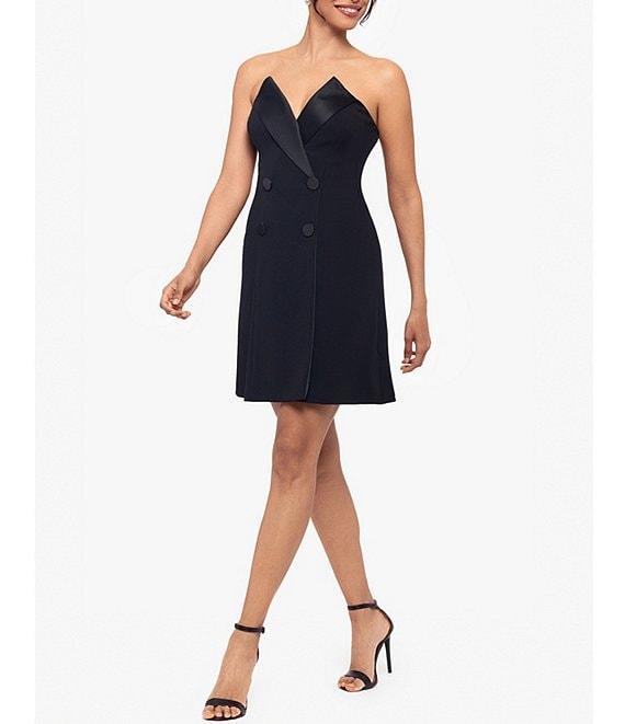 Betsy & Adam Scuba Crepe Lamour Pointed V-Neck Strapless Tuxedo Mini Dress Product Image
