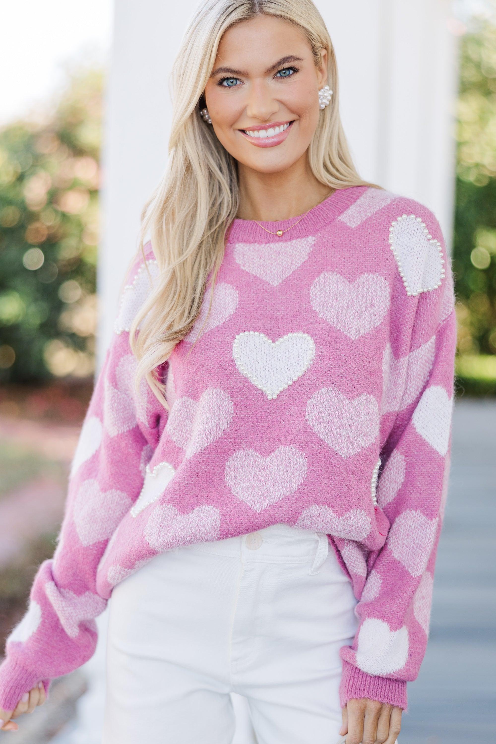 Feeling The Love Pink Heart Pearl Detailed Sweater Female Product Image