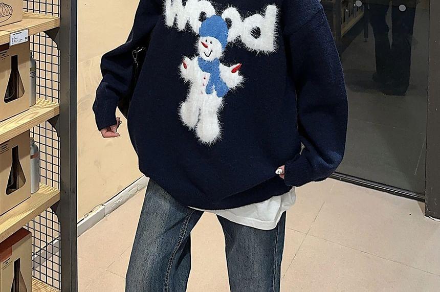 Round Neck Snowman Print Lettering Sweater Product Image