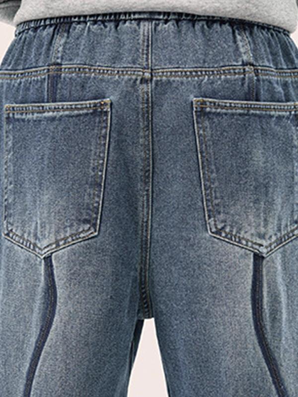 Men's Vintage Top-stitching Drawstring Loose Jeans Product Image