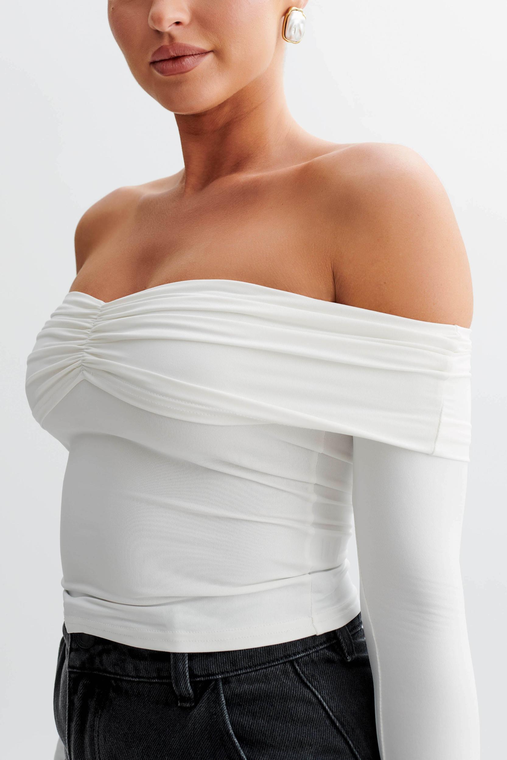 Prue Ruched Off Shoulder Long Sleeve Top - White Product Image