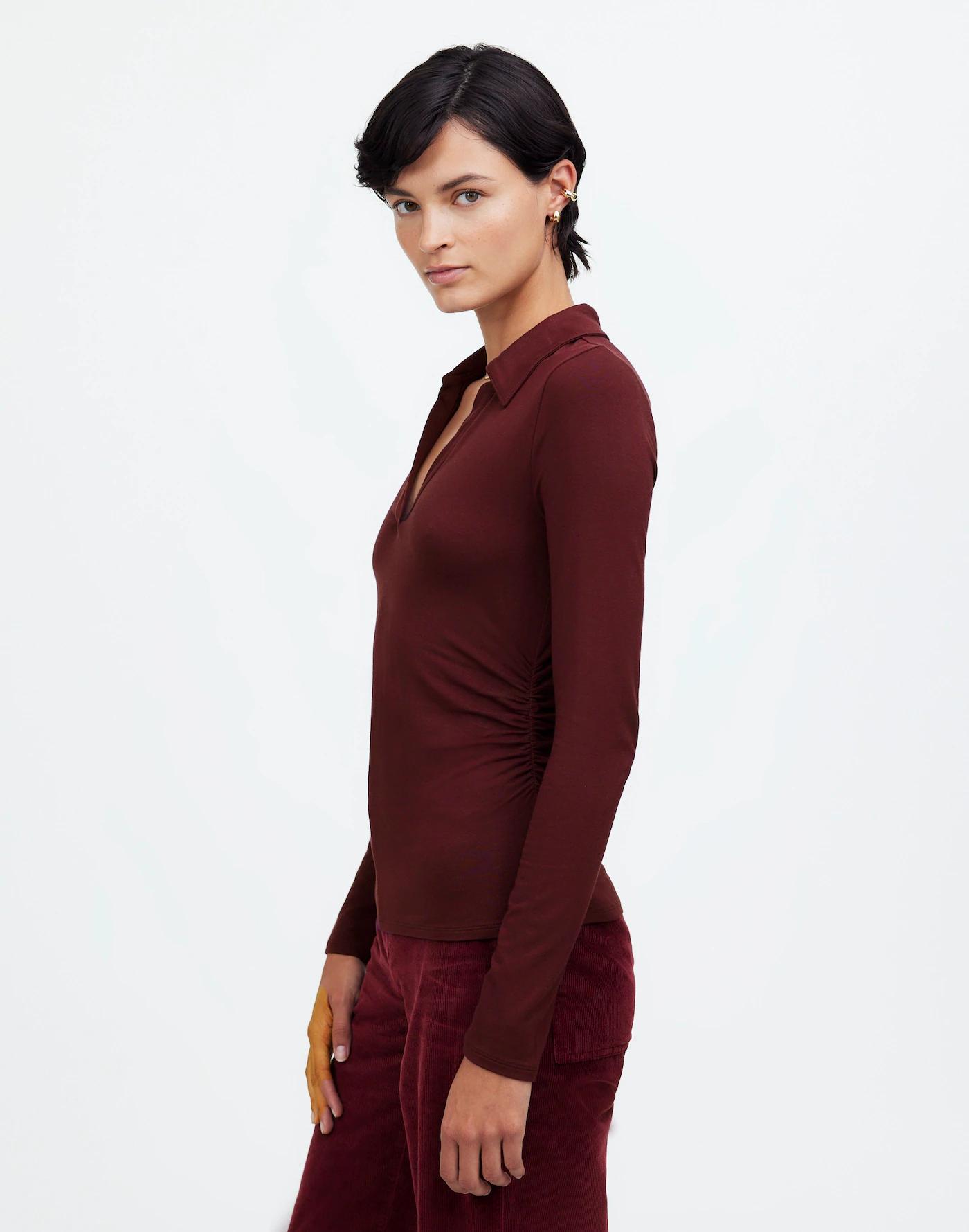 Side-Cinch Long-Sleeve Polo Top Product Image