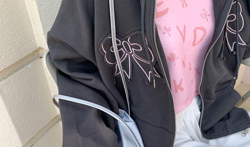 Bow Applique Zip-Up Hoodie Product Image