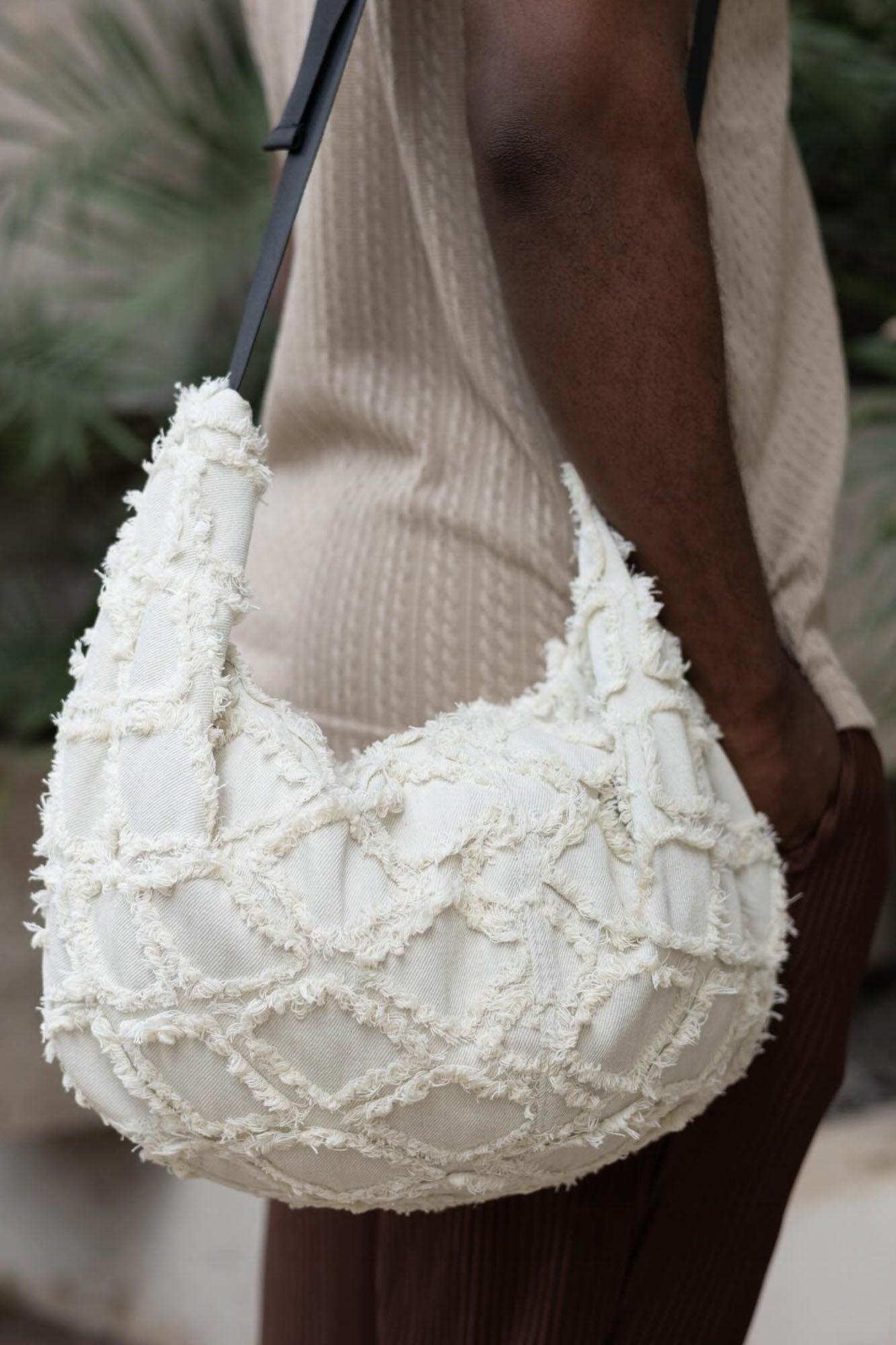 Frayed Denim Sling Bag - White Product Image