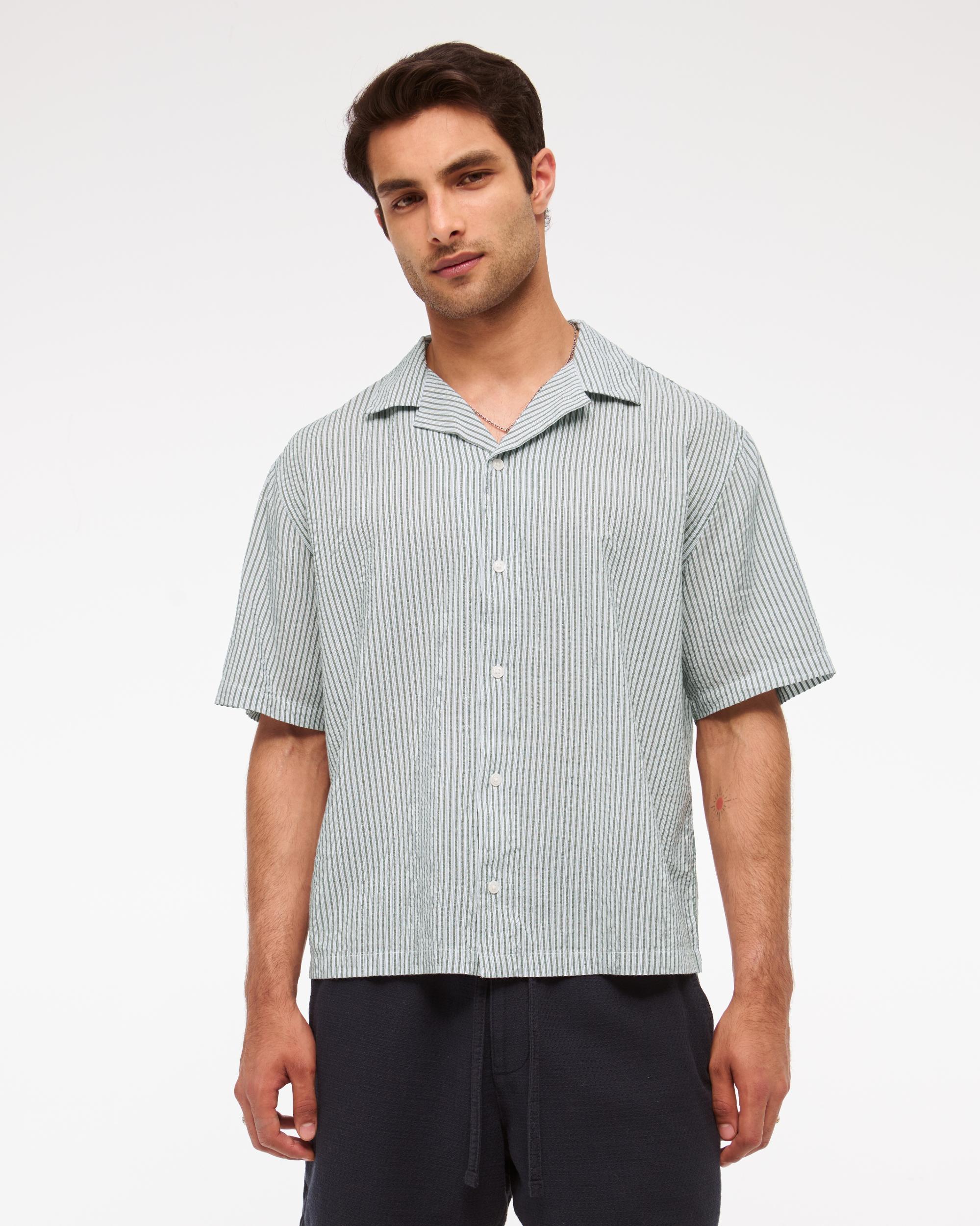 Camp Collar Cropped Seersucker Shirt Product Image