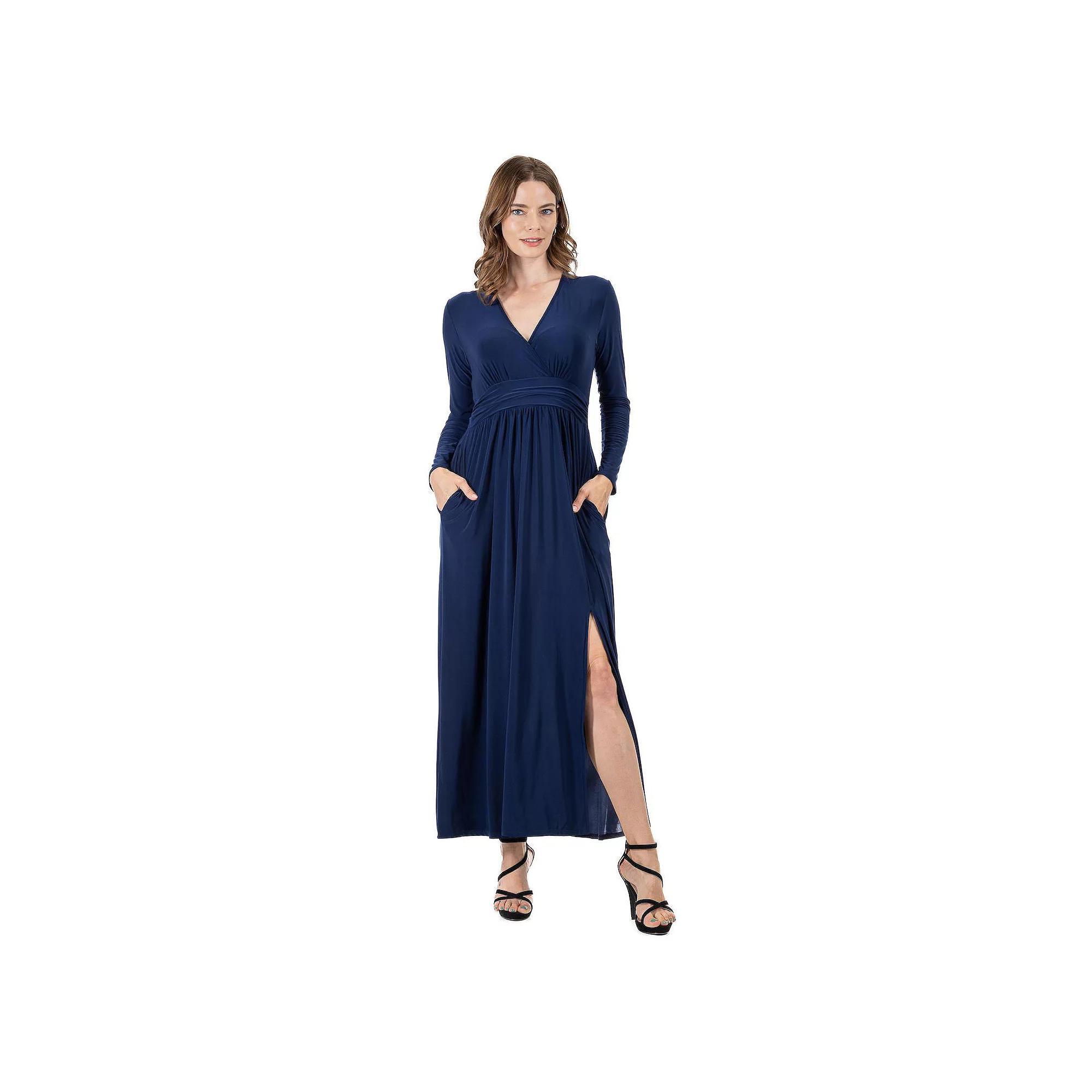 Women's 24Seven Comfort Apparel Long Sleeve V-Neck Side Slit Maxi Dress,  Product Image
