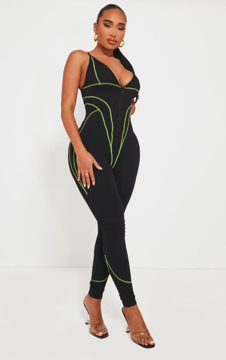 Shape Black Branded Contrast Stitch Zip Detail Gym Jumpsuit Product Image