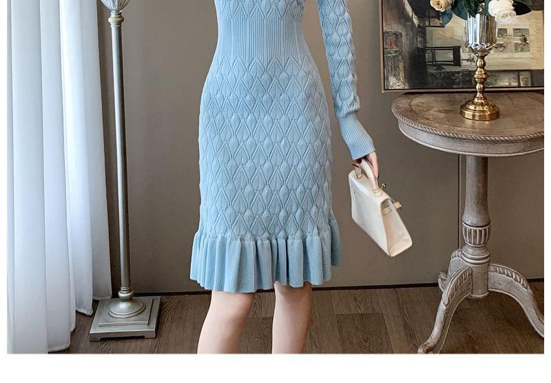 Long-Sleeve Notch Neck Plain Knit Mermaid Dress Product Image