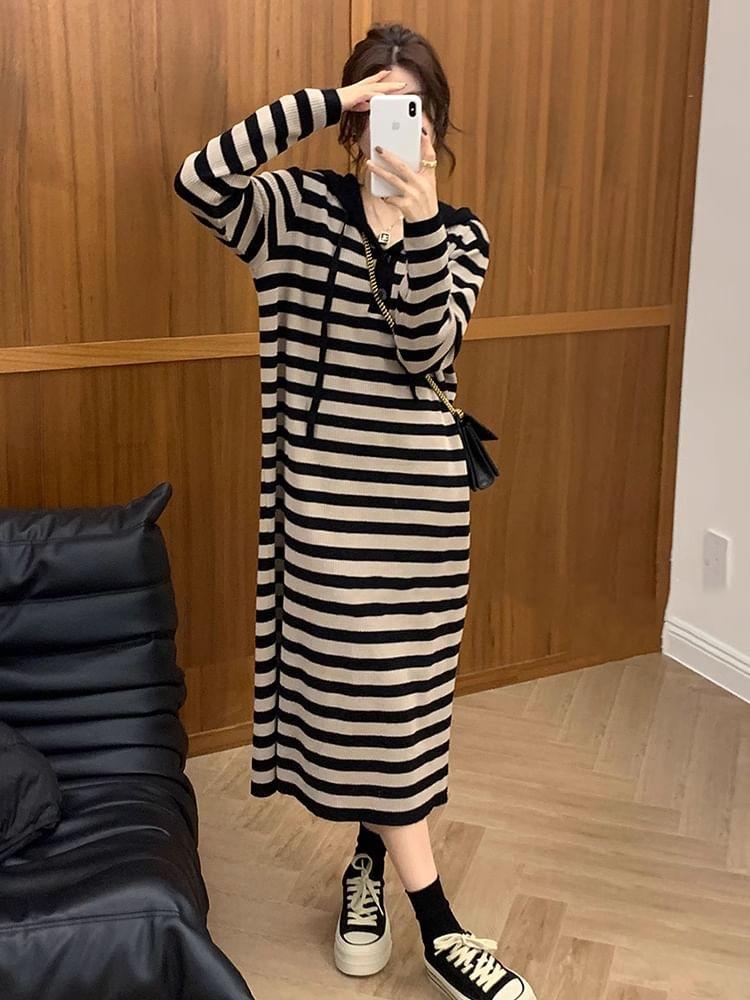 V-Neck Striped Midi Hoodie Dress Product Image