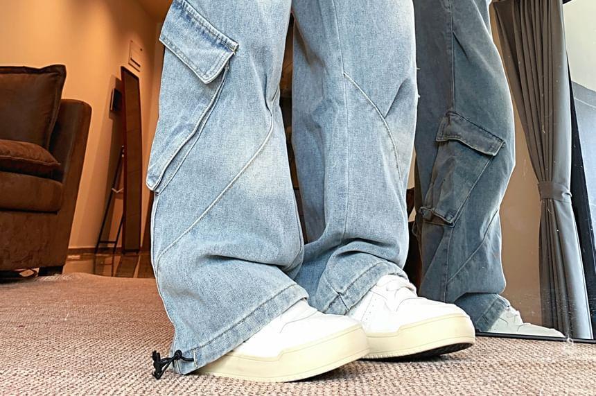 High Rise Washed Wide Leg Cargo Jeans Product Image