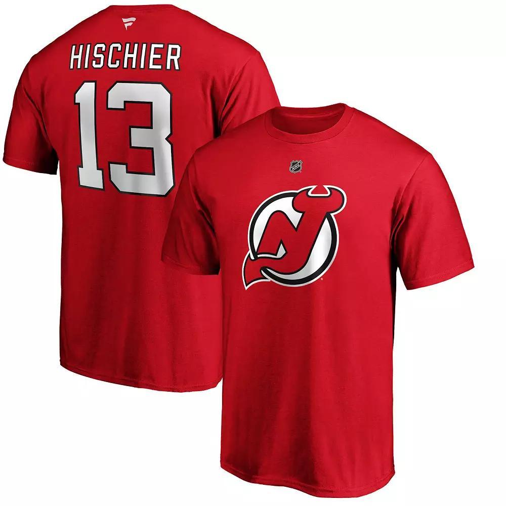 Men's Fanatics Branded Nico Hischier Red New Jersey Devils Team Authentic Stack Name & Number T-Shirt,  Product Image
