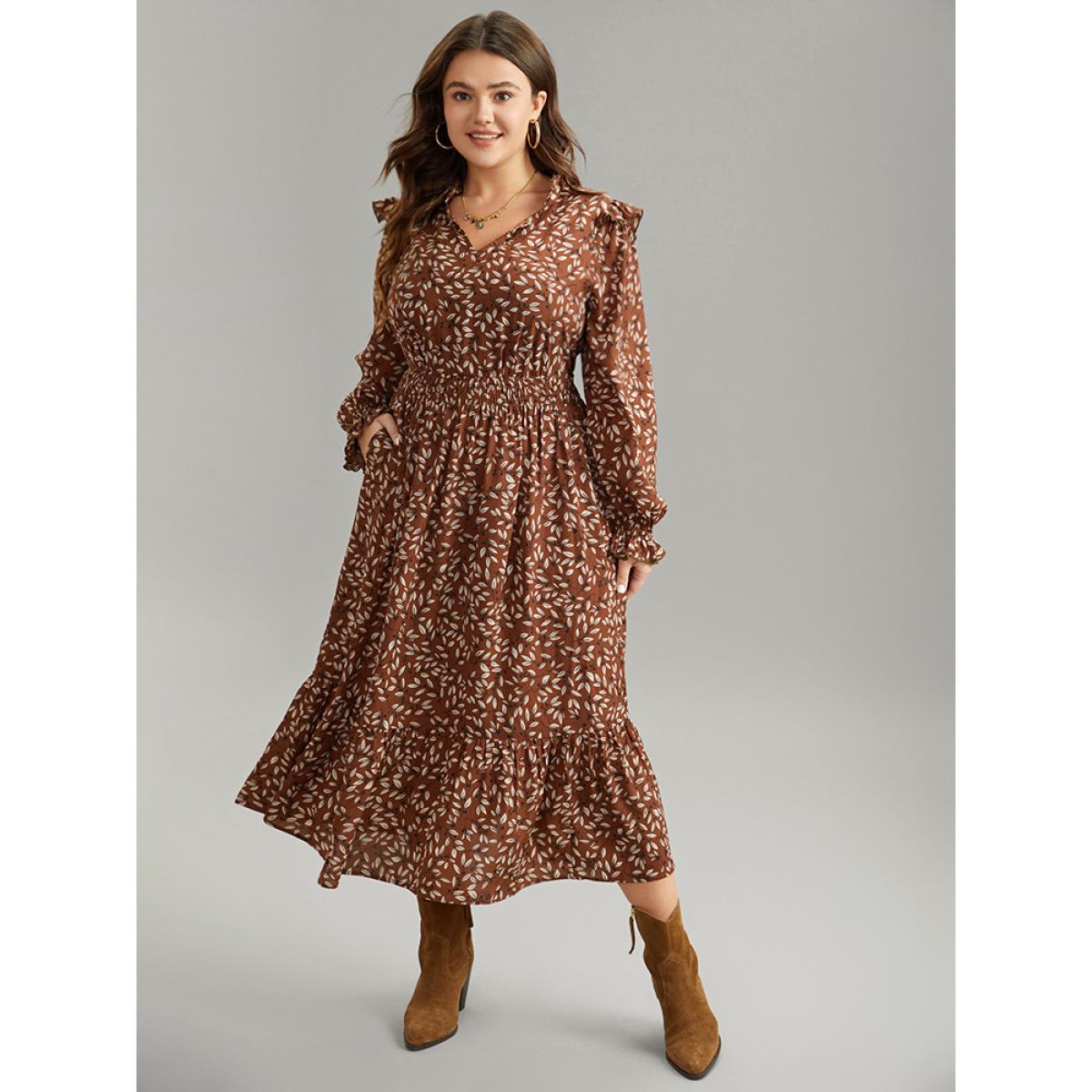 Plus Size Ditsy Floral Flutter Trim Pocket Shirred Dress DarkBrown Women Elegant Printed Notched collar Long Sleeve Curvy Midi Dress BloomChic 12/L Product Image