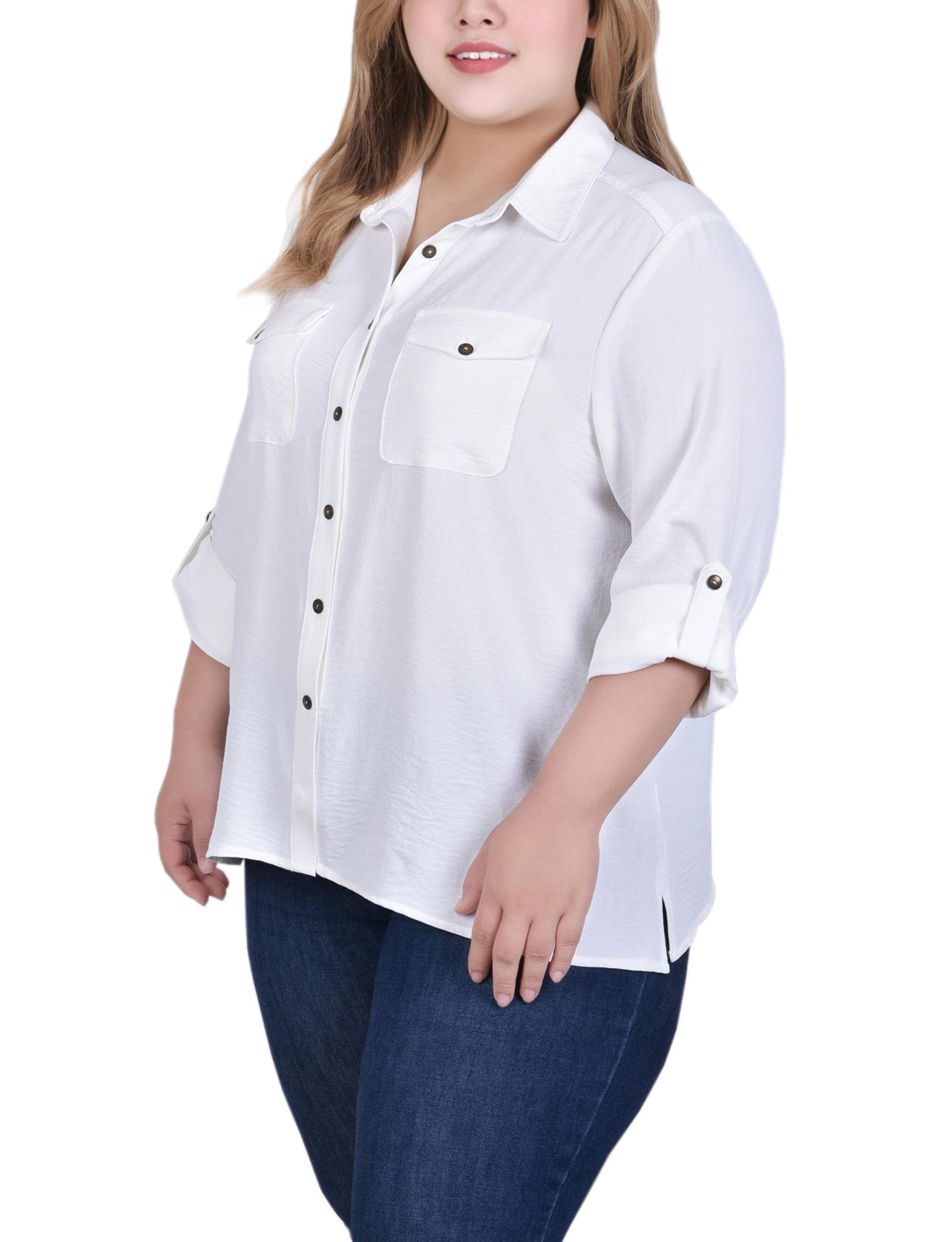 White Long Sleeve Roll Tab Blouse - Plus Size Product Image