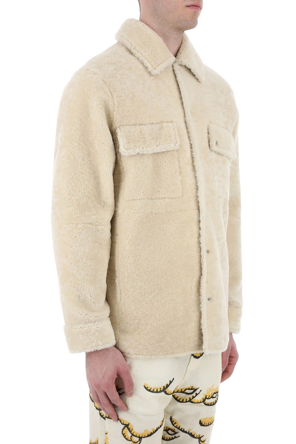 AMIRI Logo-print Shearling Shirt Jacket In Cream Product Image