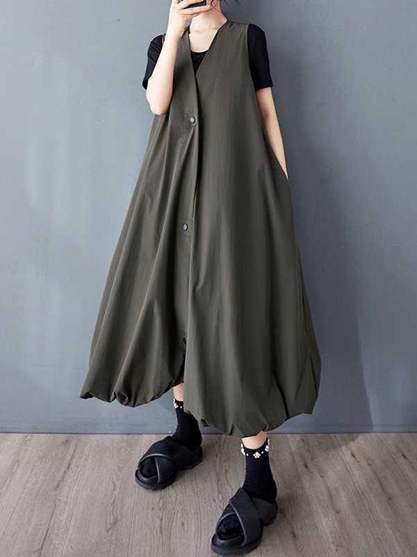 A-Line Loose Buttoned Pleated Pockets Solid Color V-Neck Midi Dresses Vest Outerwear Product Image