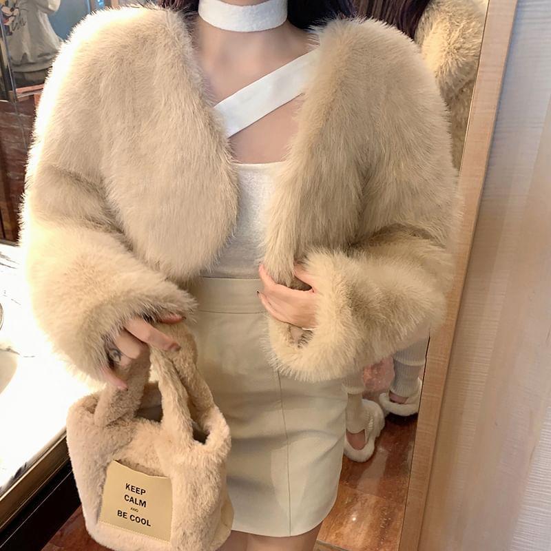 V-Neck Plain Faux Fur Cropped Coat Product Image