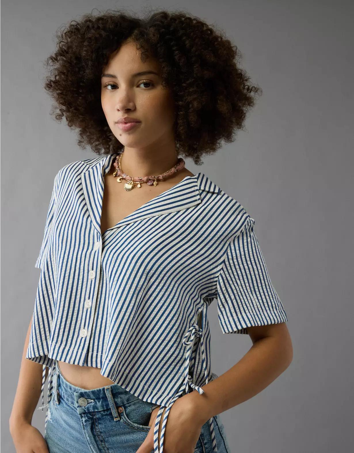 AE Short-Sleeve Tie Side Seersucker Button-Up Shirt Product Image