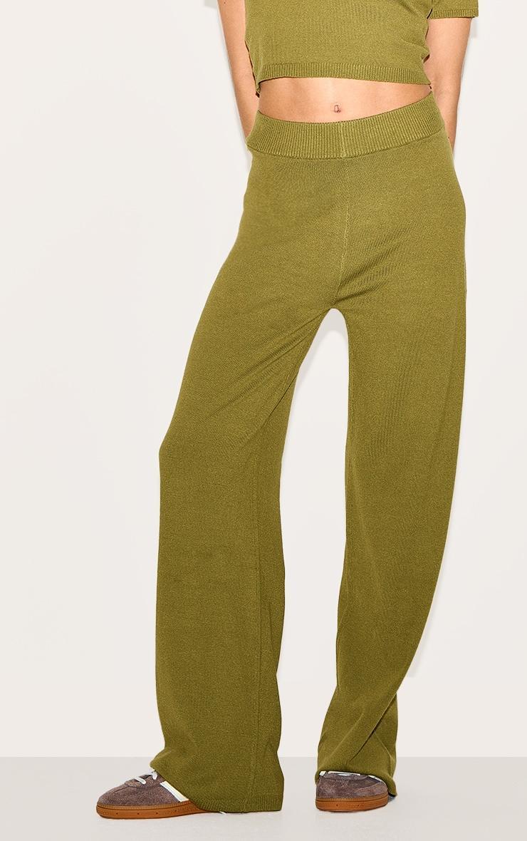 Olive Basic Knit Wide Leg Pants Product Image