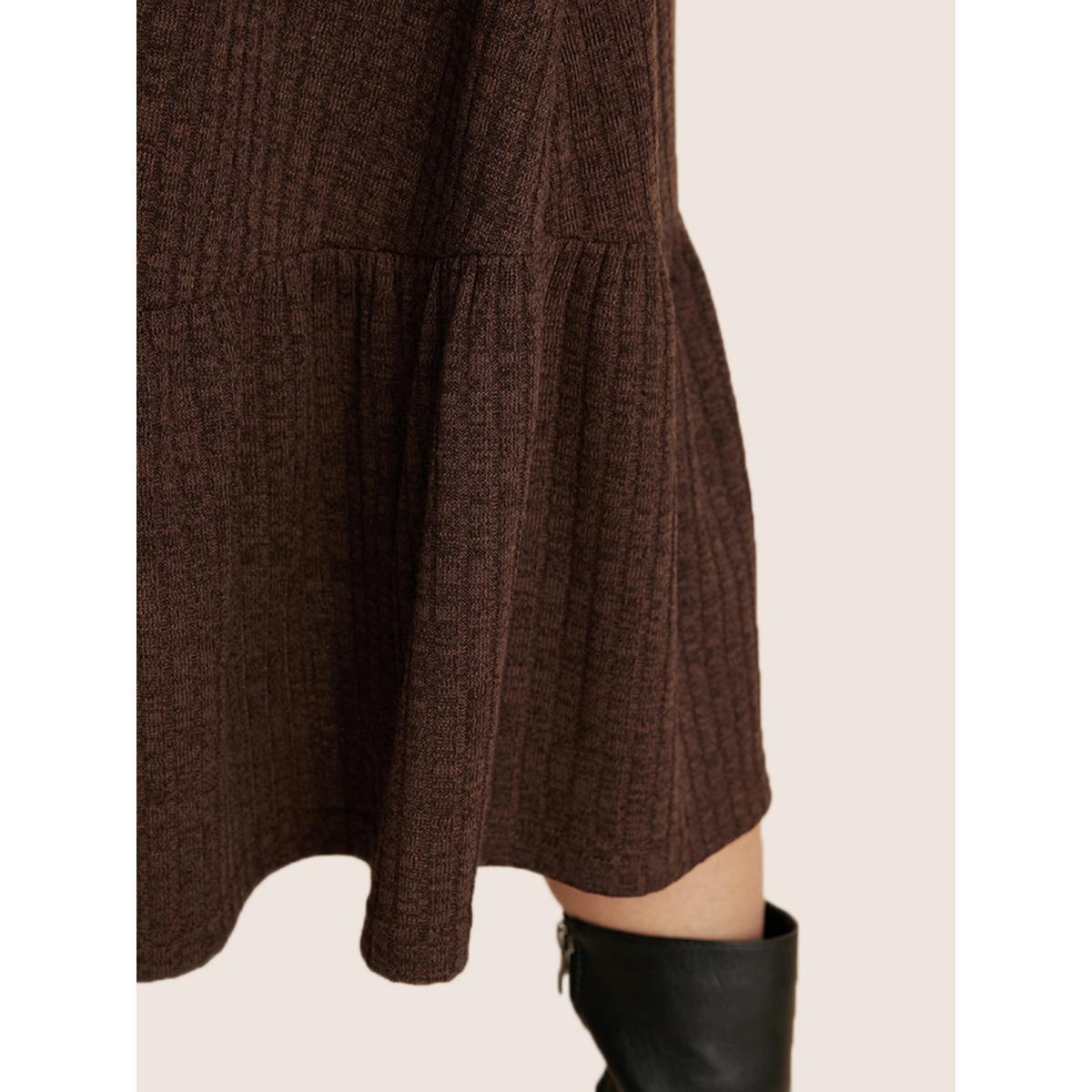 Plus Size Solid Pocket Rib Knit Ruffle Hem Dress Without Belt Aegean Women Leisure Non Round Neck Long Sleeve Curvy Midi Dress BloomChic 26/4X Product Image