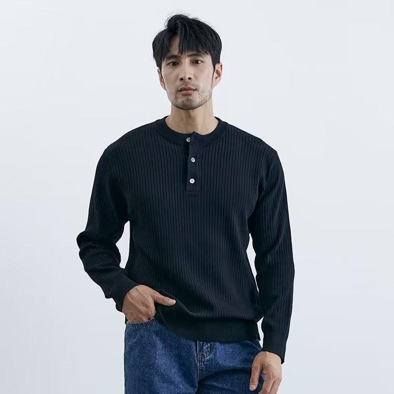 Long-Sleeve Henley Plain Ribbed Knit Top Product Image