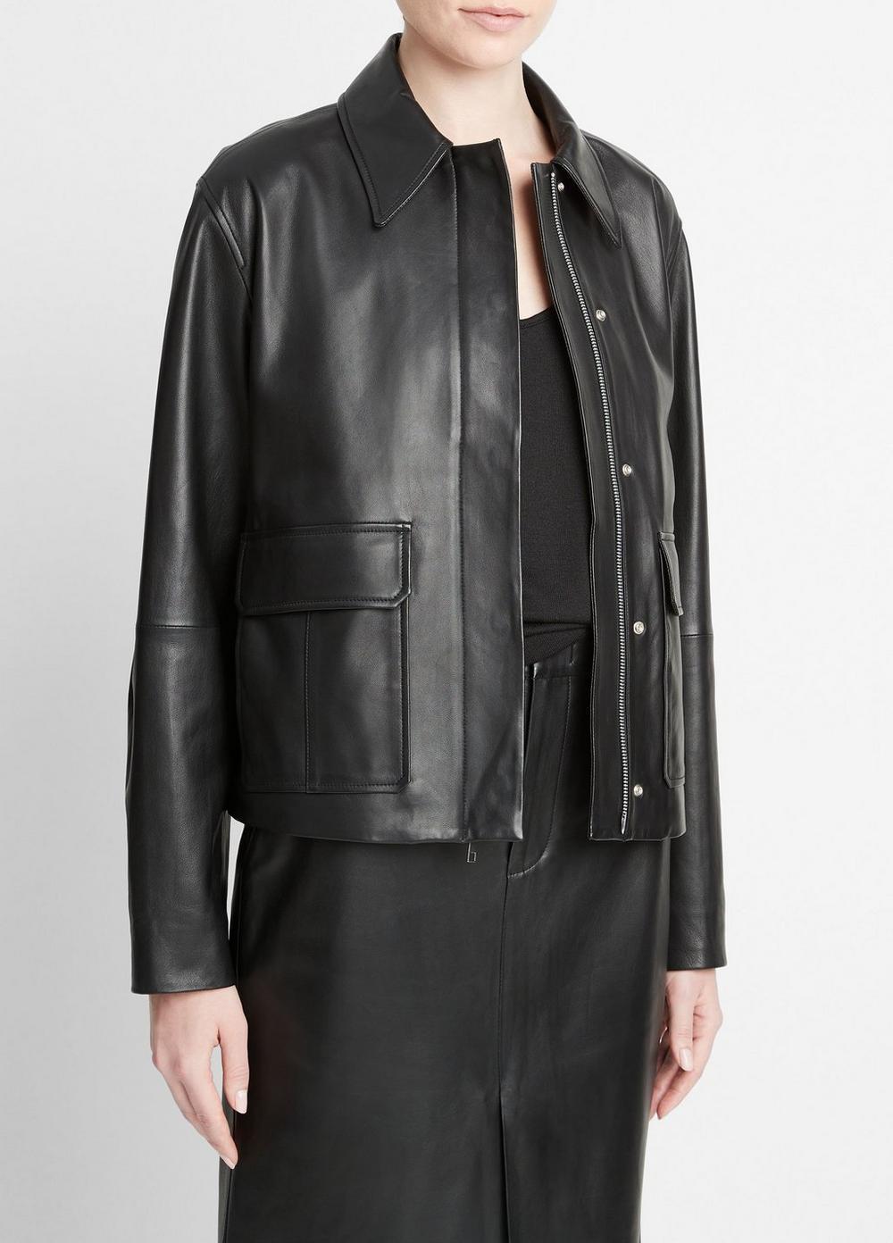 Womens Leather Zip-Front Jacket, Black, Size L Vince Product Image