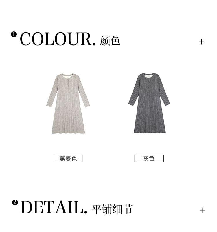 Long-Sleeve Plain Ribbed Midi A-Line Dress Product Image