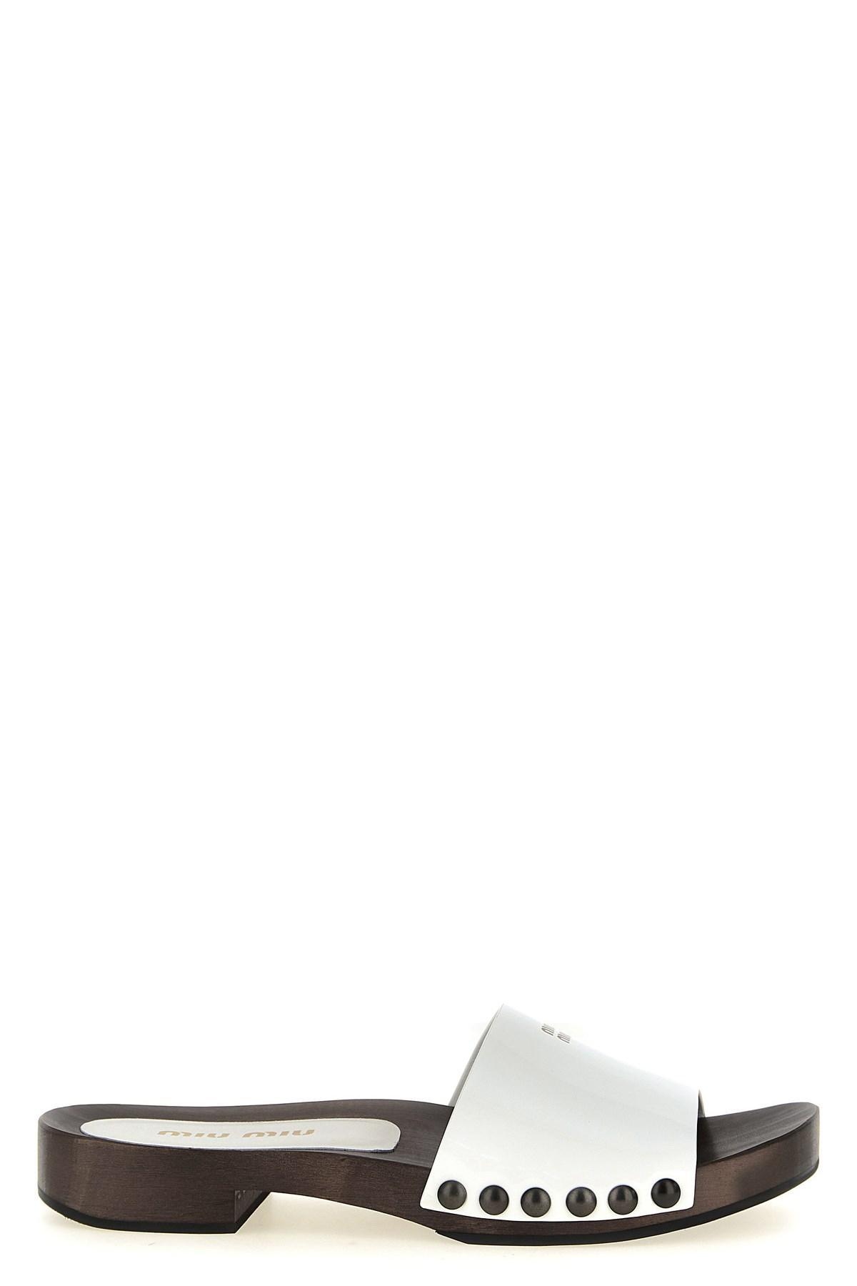 MIU MIU Wood Sole Flat Sandals With Studded Side In White Product Image