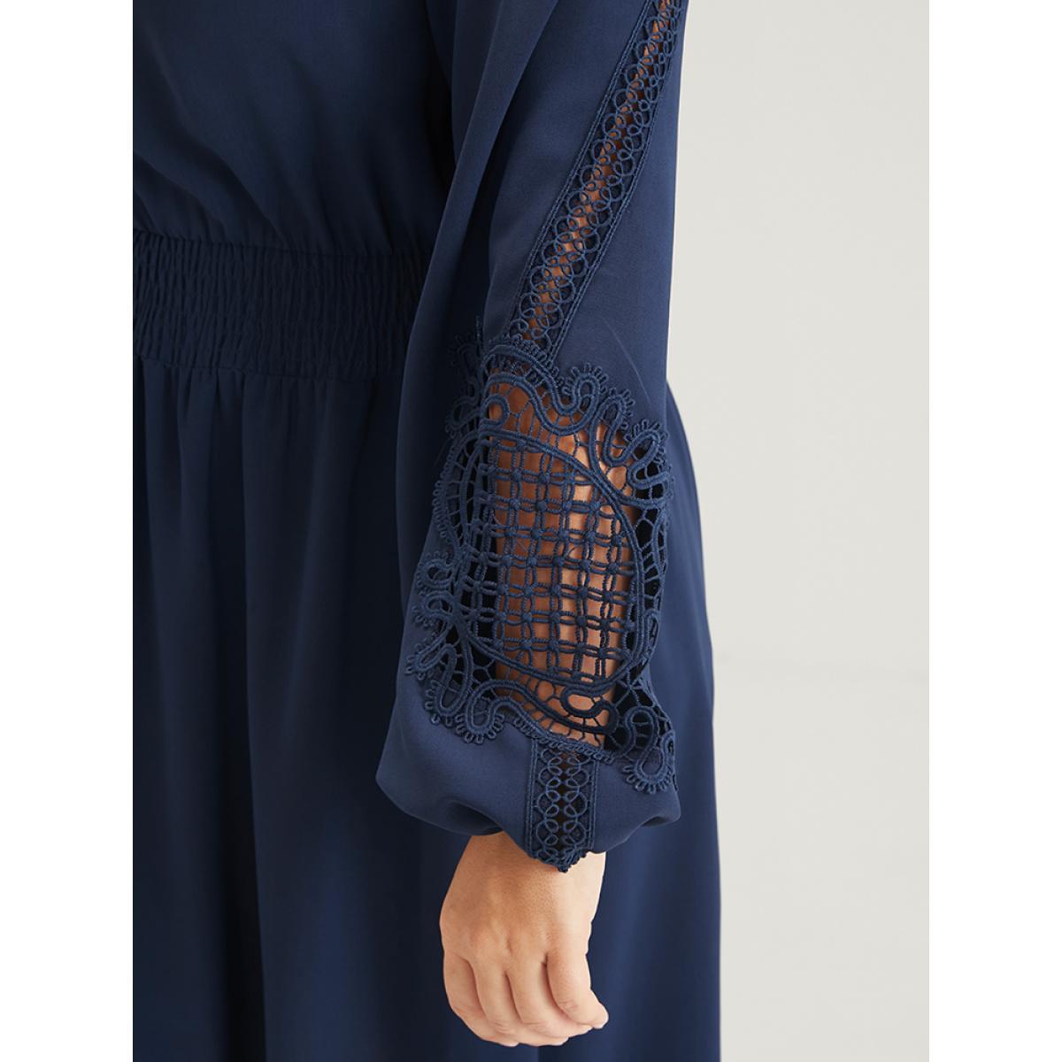 Plus Size Solid Pocket Crochet Lace Lantern Sleeve Ruffle Shirred Midi Dress DarkBlue Women Dating Plain V-neck Long Sleeve Curvy Midi Dress BloomChic 12/L Product Image
