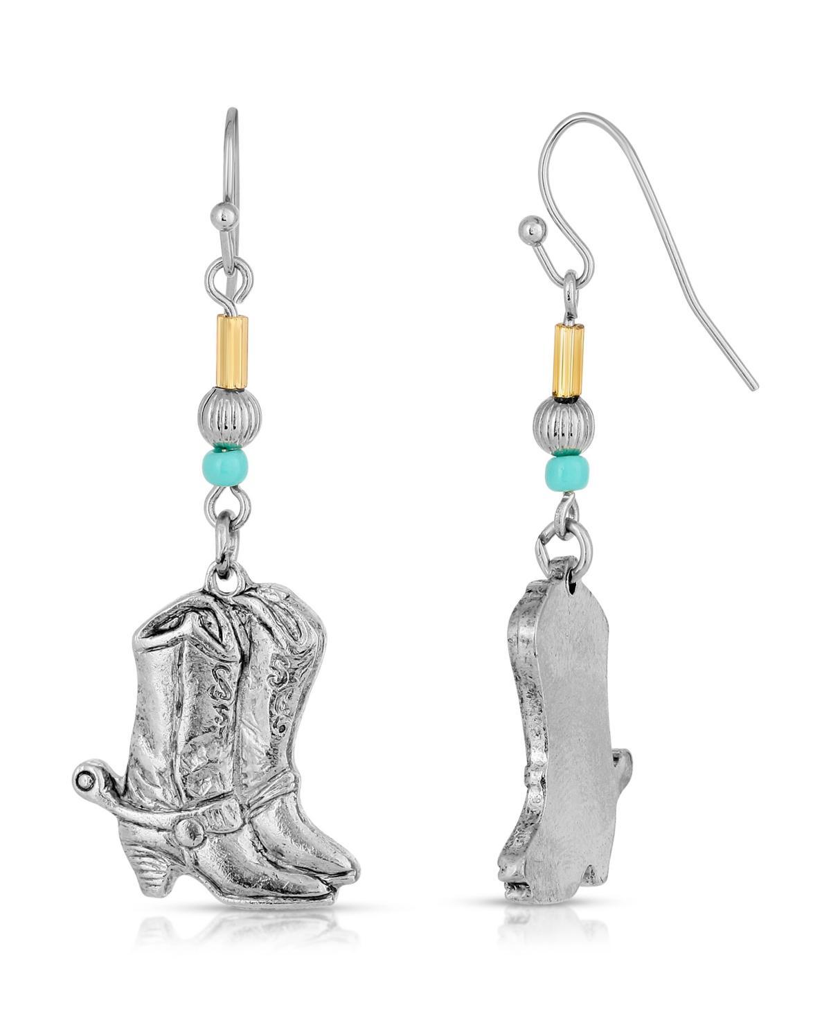 1928 Silver-Tone & Imitation Turquoise Accent Western Boots Drop Earrings, Womens Product Image