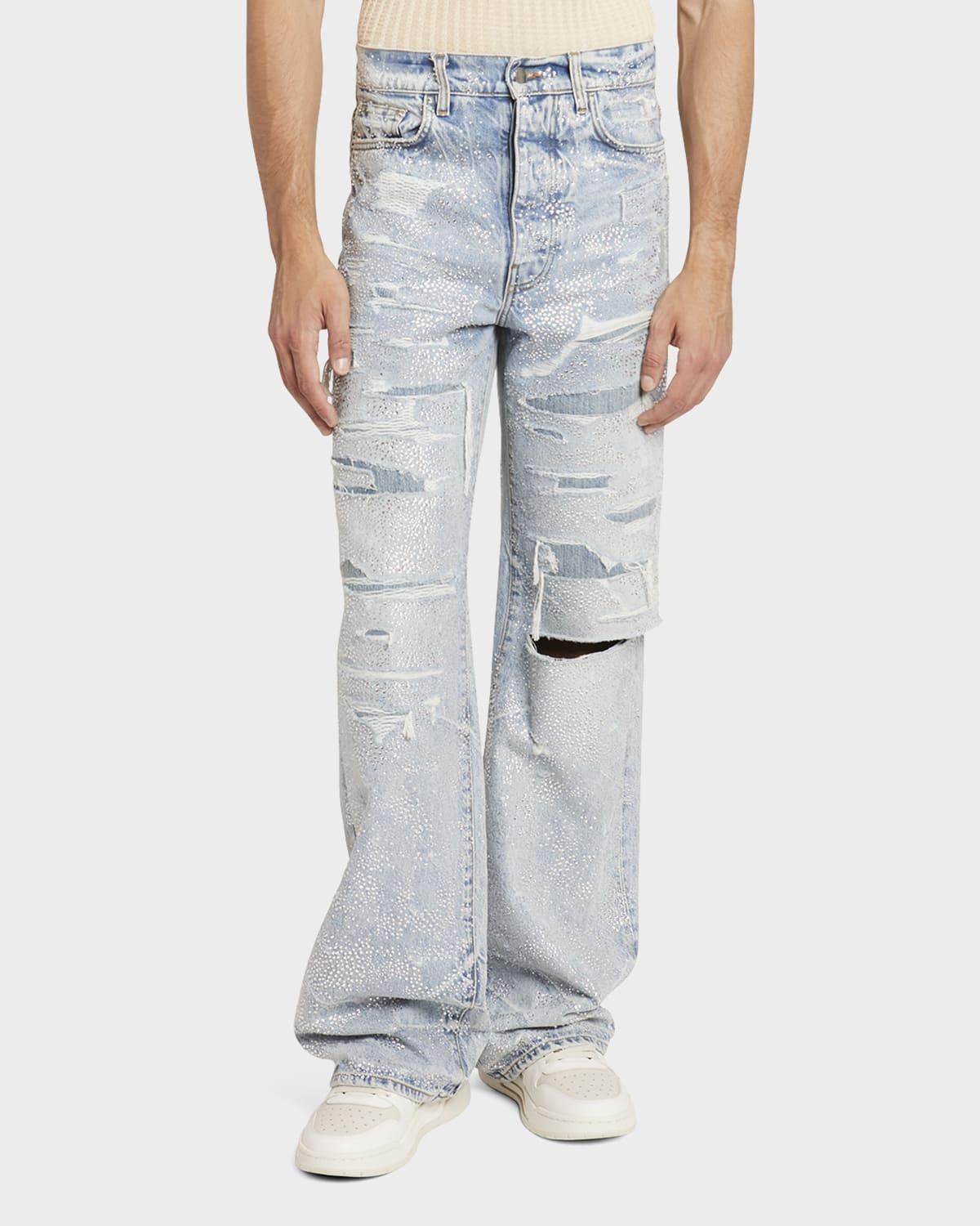 Men's Crystal-Embellished Repaired Baggy Jeans Product Image