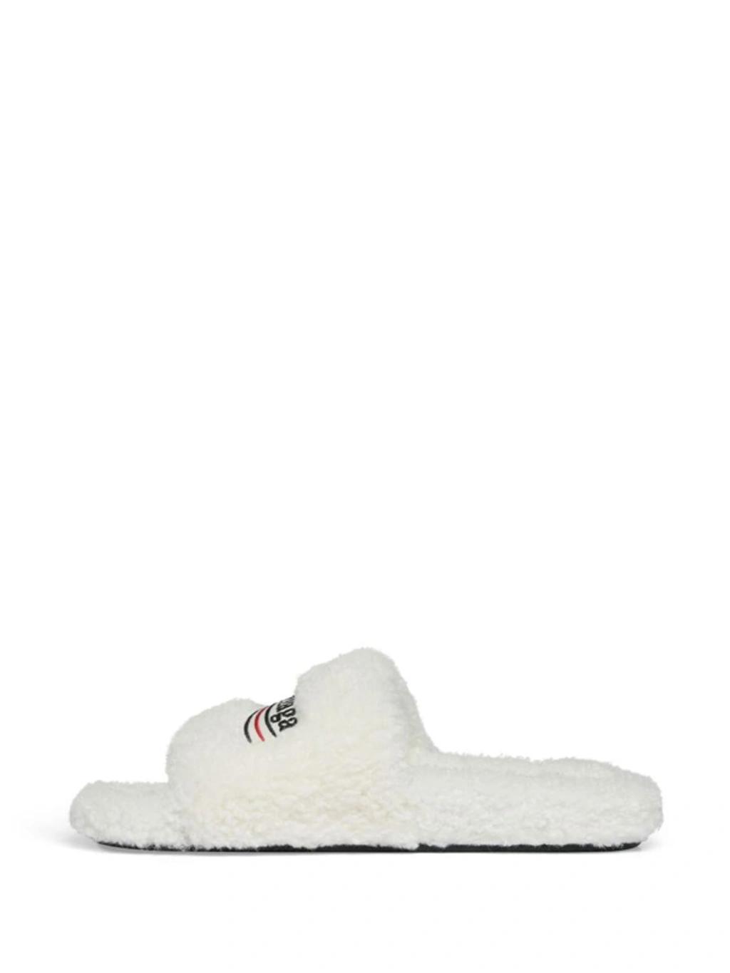 BALENCIAGA Furry Logo Embroidery Slides In White Product Image