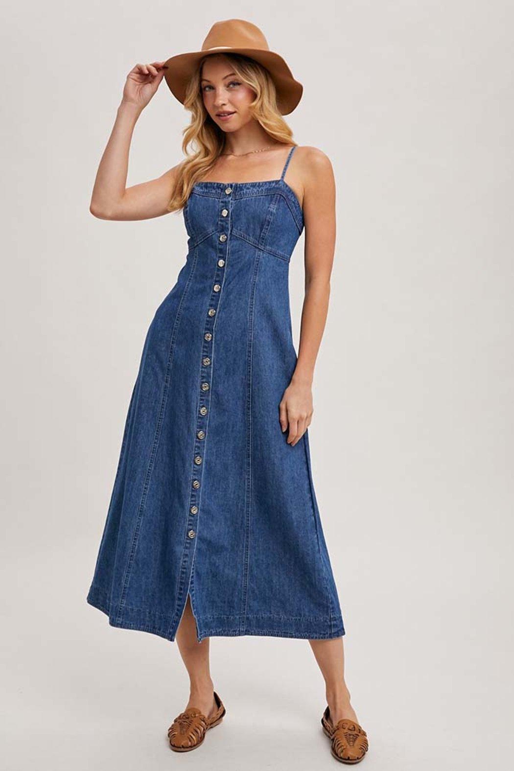 Button Down Sleeveless Denim Midi Dress Product Image