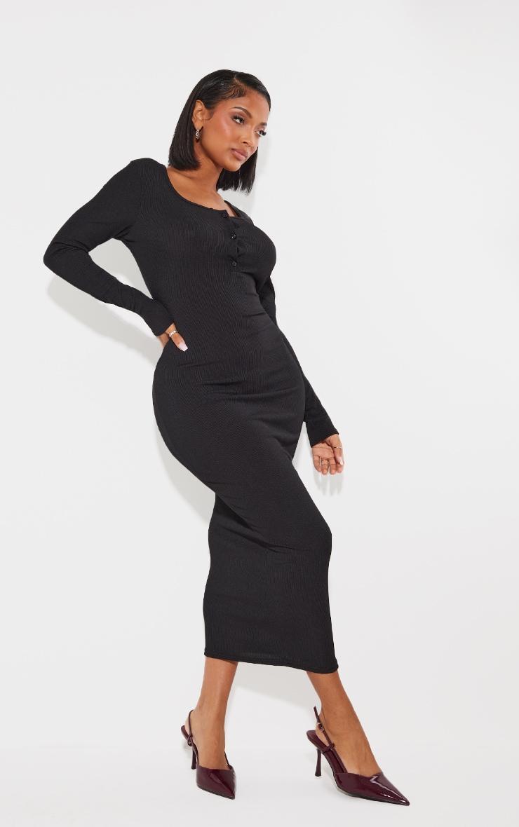 Shape Black Ribbed Button Front Long Sleeve Midaxi Dress Product Image