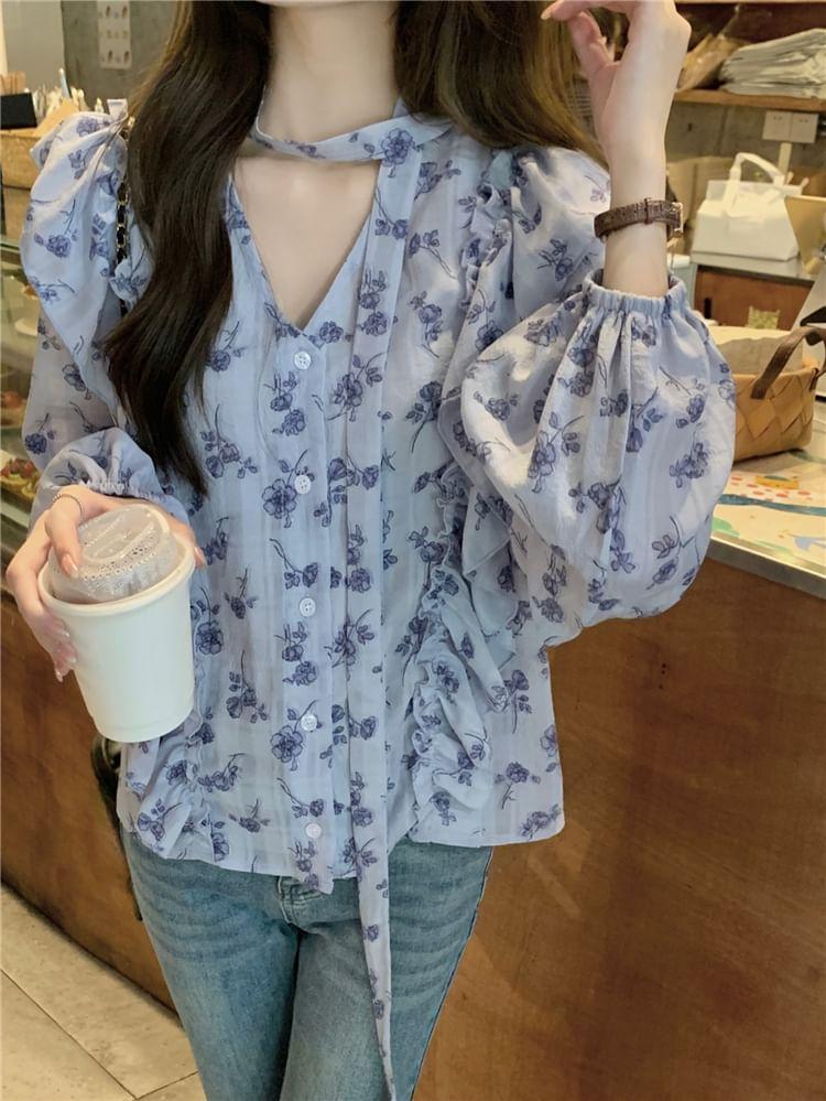 Long-Sleeve Ruffle Floral Print Blouse Product Image