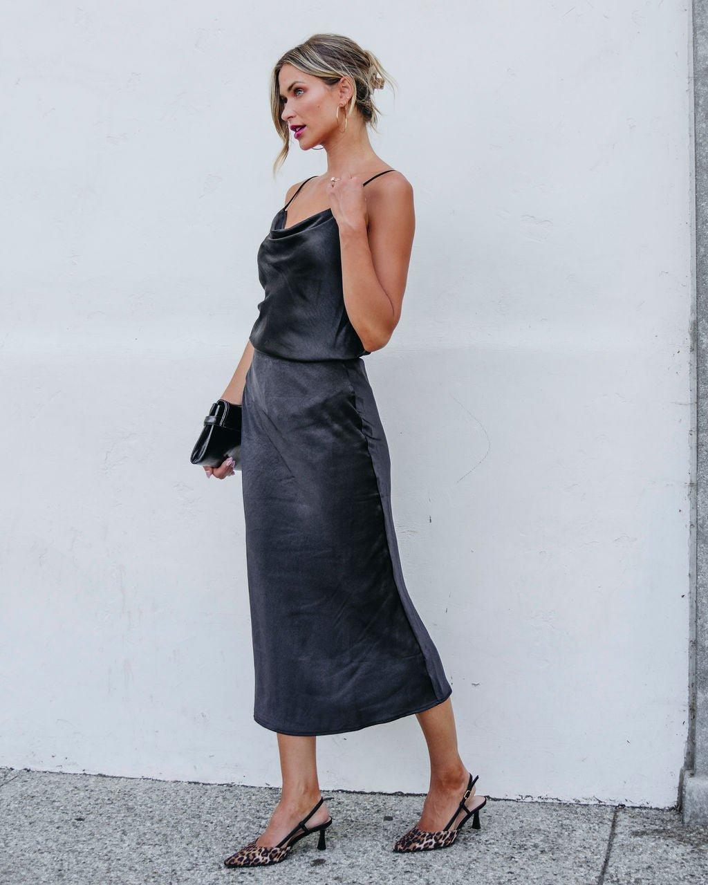 Muse By Magnolia Black Satin Midi Skirt - FINAL SALE Product Image