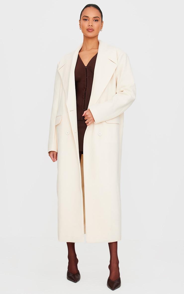 Ecru Wool Look Double Breasted Oversized Maxi Coat Product Image