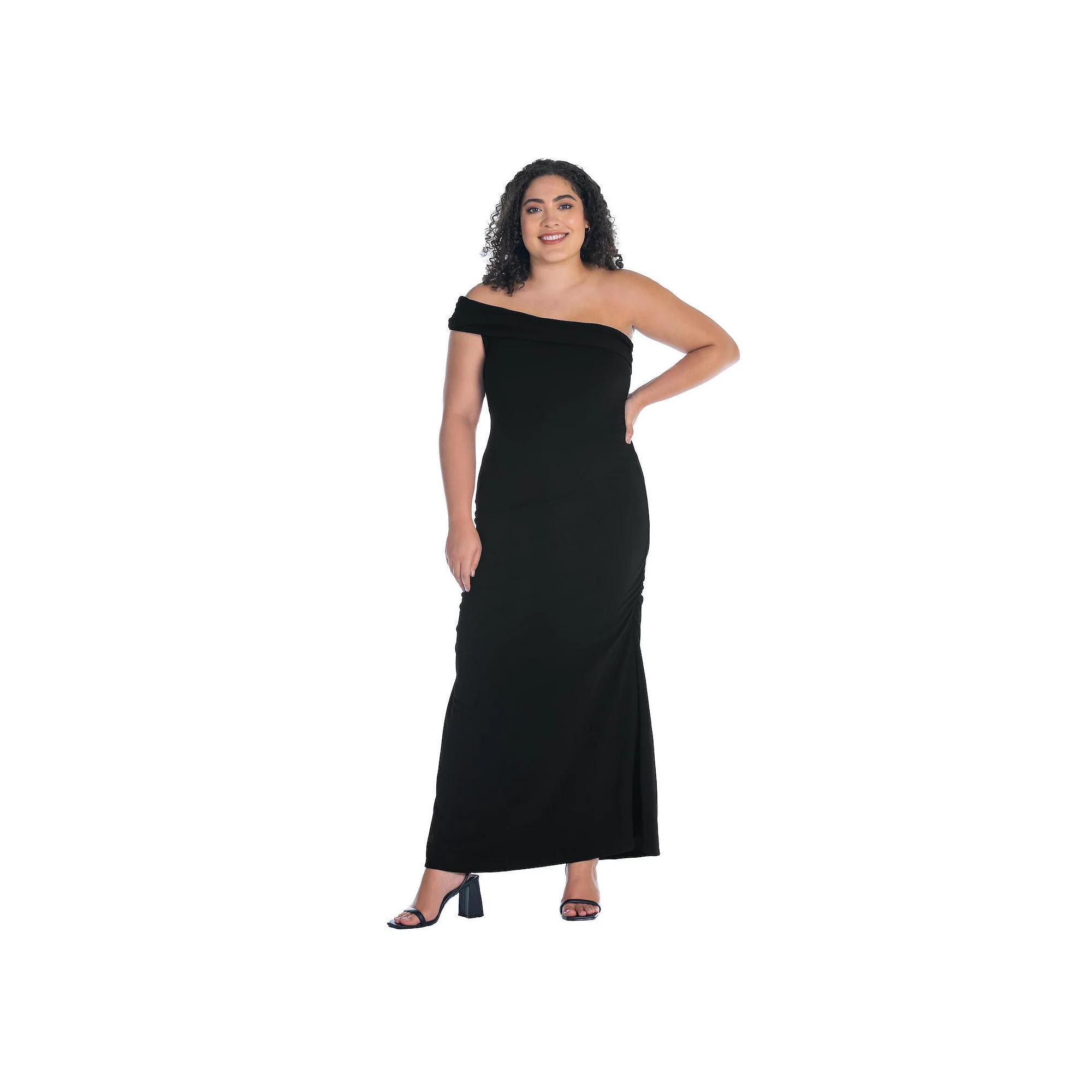 Plus Size 24Seven Comfort Apparel Formal One Shoulder Ruched Mermaid Maxi Dress, Women's, Size: 2XL, Black Product Image