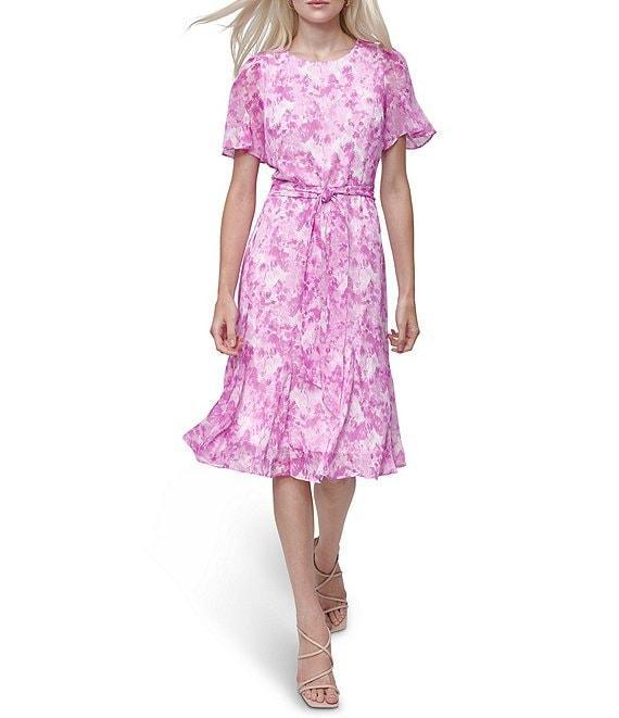 DKNY by Donna Karan Floral Printed Round Neckline Short Sleeve Tie Waist Midi Dress Product Image