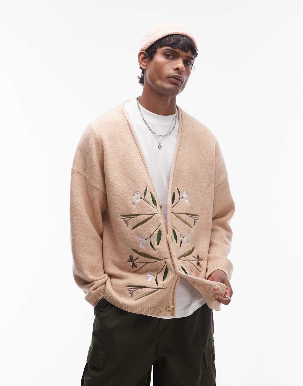 Topman knit cardigan in ecru with floral embroidery Product Image