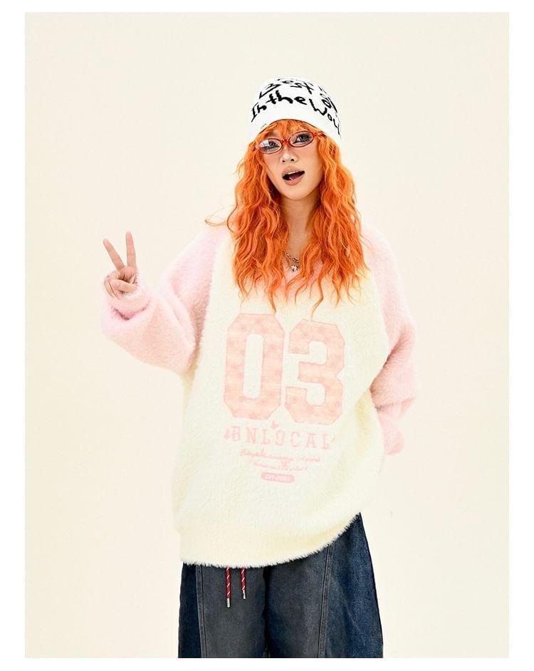 V-Neck Fluffy Numbering Raglan Oversized Sweater Product Image