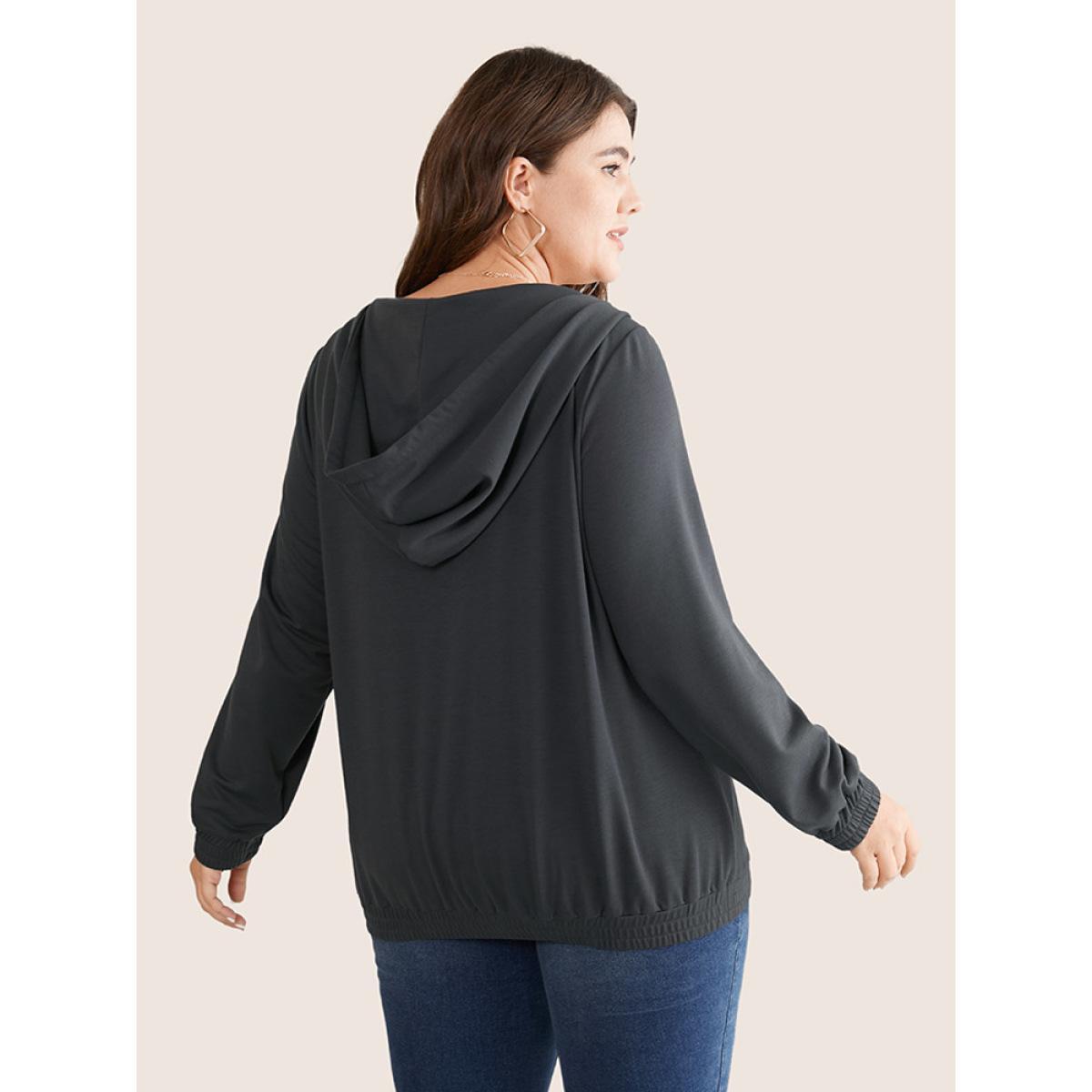 Plus Size Deep V Neck Hooded Drawstring Sweatshirt Women DimGray Casual Plain Hooded Dailywear Sweatshirts BloomChic 12/L Product Image