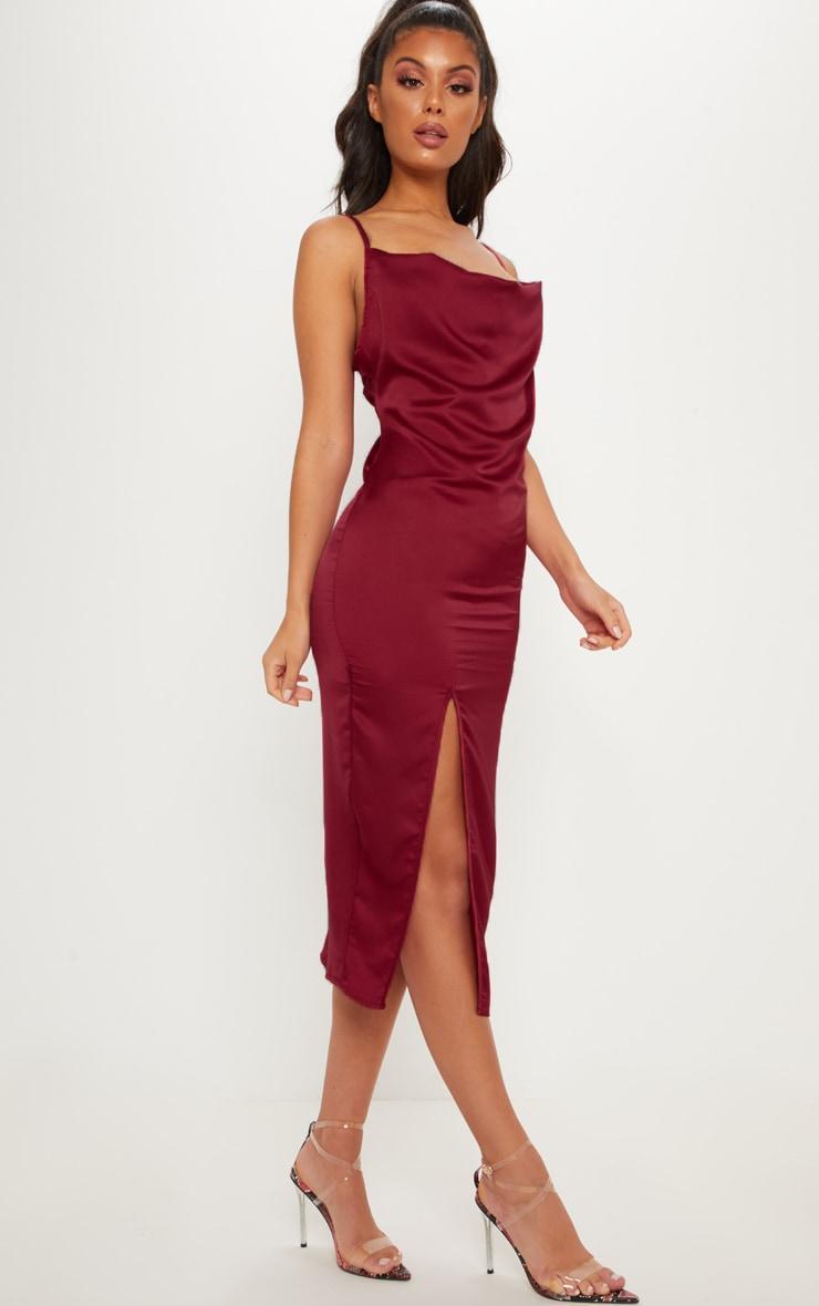 Burgundy Strappy Satin Cowl Midi Dress Product Image